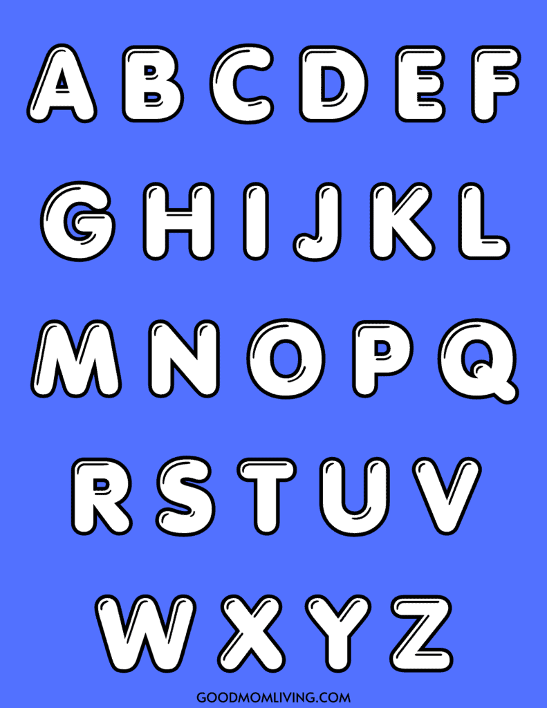 Bold white uppercase letters A to Z with black outlines on a blue background.