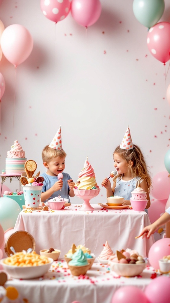 Children at a birthday party enjoying ice cream sundaes with colorful decorations