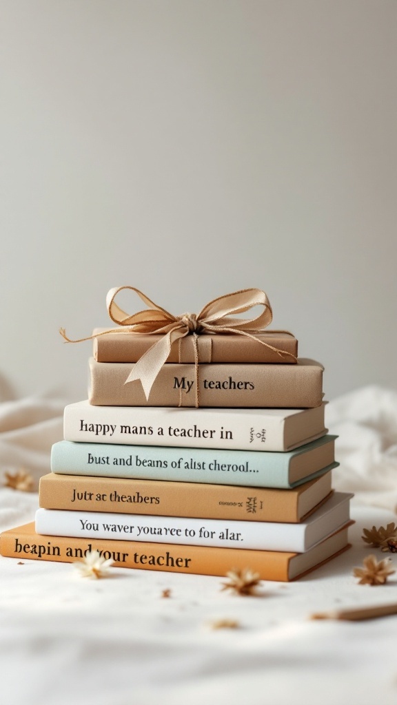 A stack of inspirational books wrapped with a ribbon.