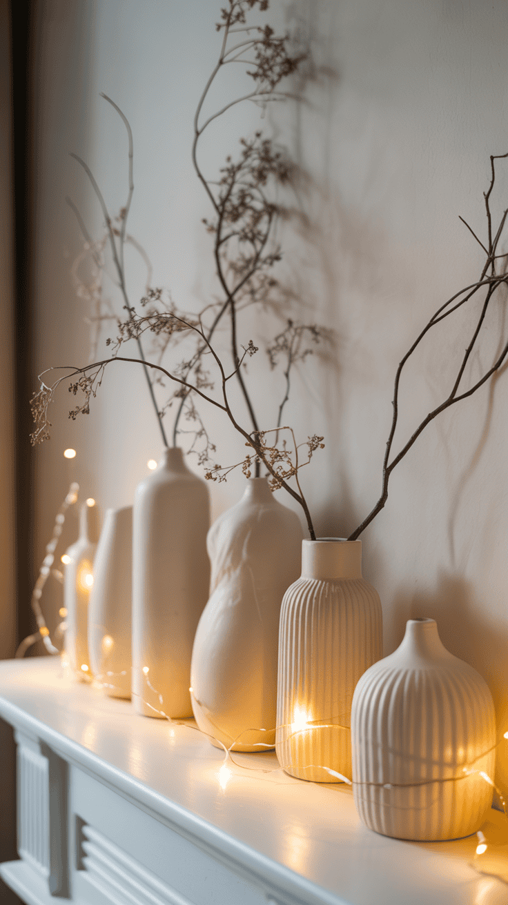 A series of white ceramic vases with dried branches are arranged on a mantelpiece, adorned with glowing string lights.