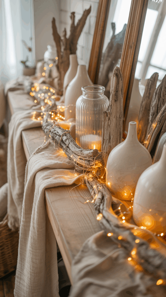 A rustic wooden mantel decorated with driftwood, white ceramic vases, a glass candle holder, and warm string lights, creating a cozy atmosphere.