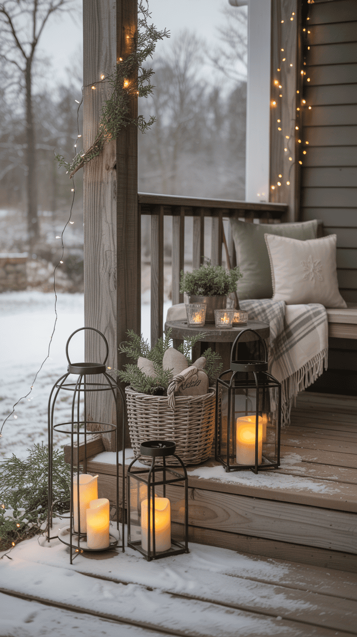 A cozy porch decorated for winter with snow-covered steps and surrounded by lit lanterns and fairy lights. A wicker basket with pine greenery sits on a step next to a small table holding candles and a pot of greenery. A cushioned bench with a throw blanket adds warmth to the scene.