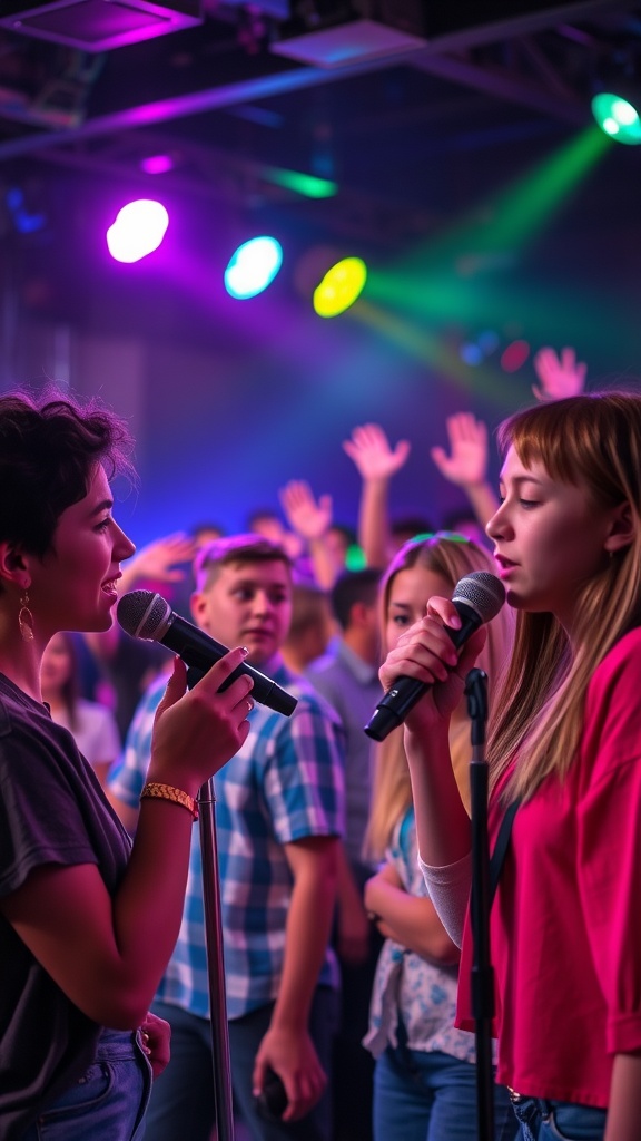 Teenagers enjoying a karaoke night at a birthday party with colorful lights.