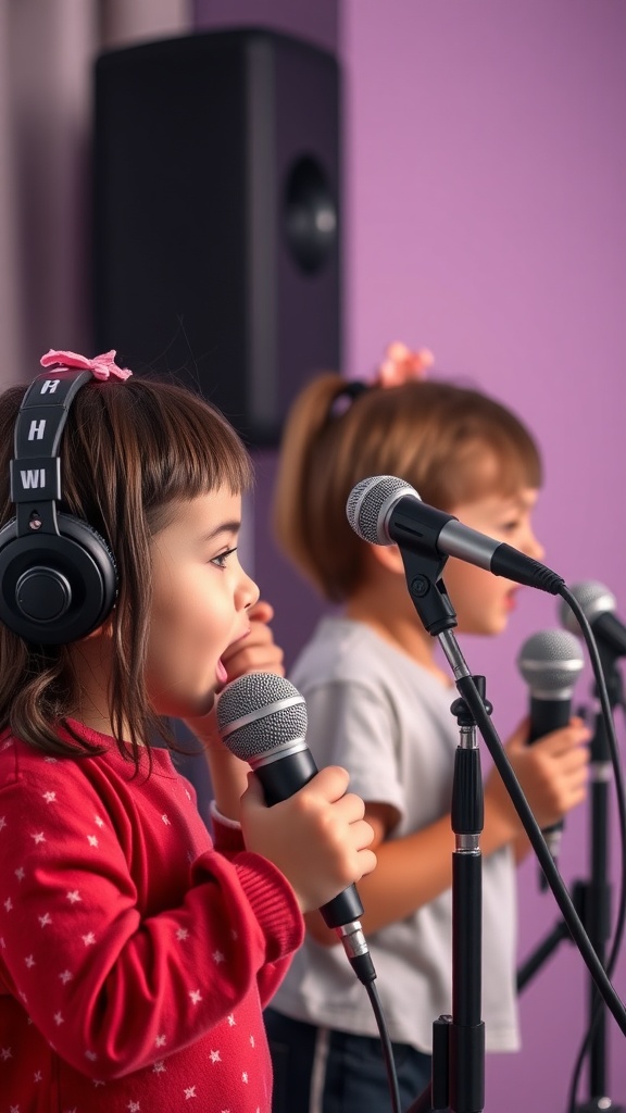 Two children singing into microphones during a karaoke session.