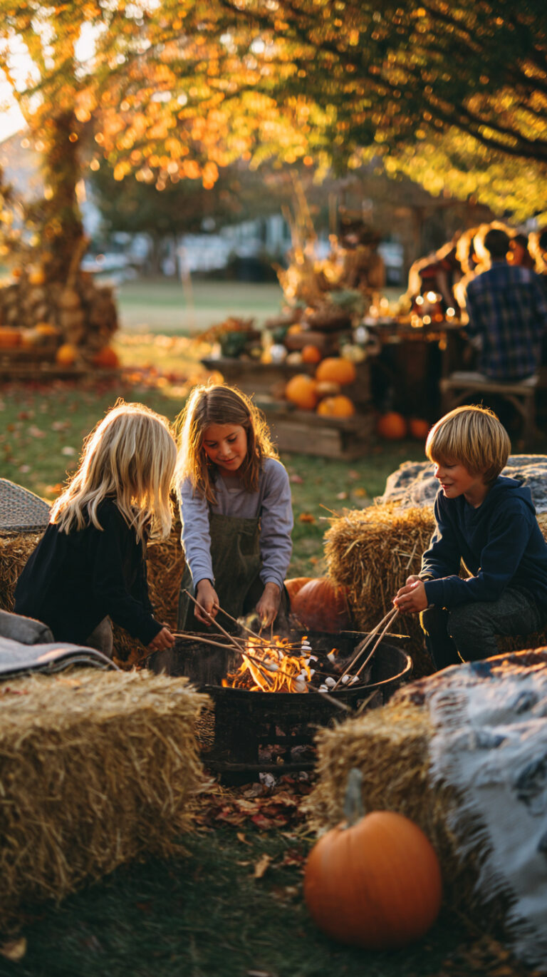 Three children roast marshmallows over a fire pit surrounded by hay bales, with pumpkins and autumn decorations in the background.