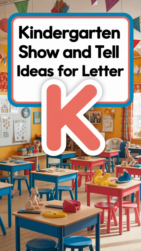 A colorful classroom with tables and stools in blue and red, decorated with various educational items and crafts, featuring a large letter "K" and the text "Kindergarten Show and Tell Ideas for Letter K."