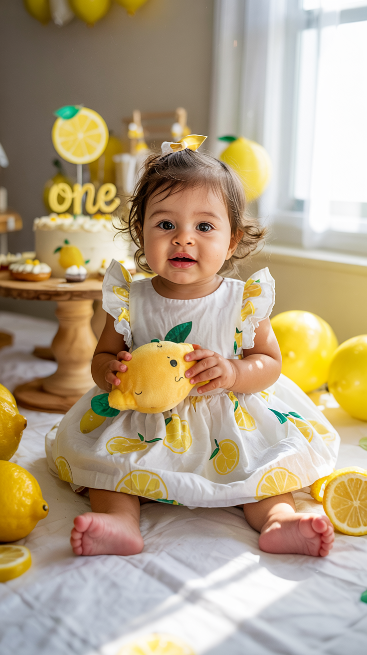 A baby wearing a white dress with lemon patterns, holding a plush lemon toy, sits on a blanket surrounded by yellow balloons, lemons, and a birthday cake with the word 'one' on top, in a lemon-themed celebration setting.
