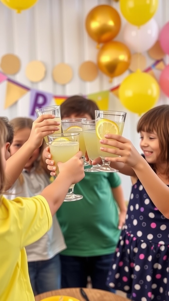 Group of children clinking glasses of lemonade at a party, with colorful balloons and decorations in the background.