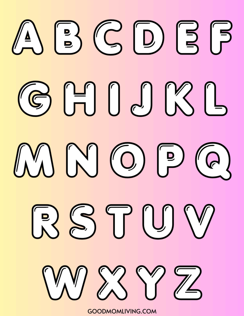 The English alphabet in bubble font style on a pink and yellow gradient background.