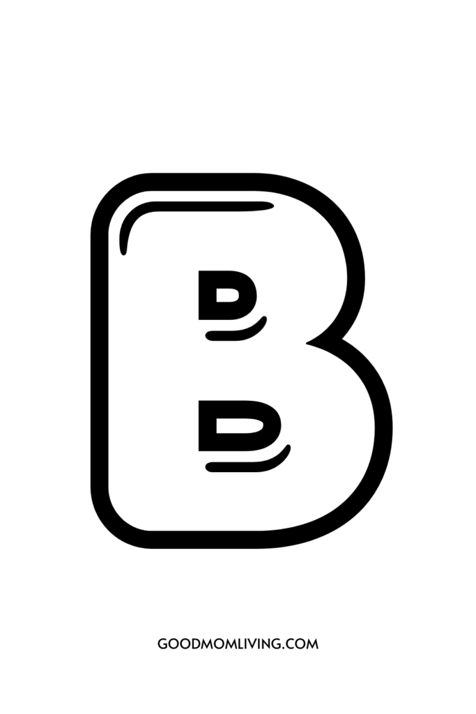 An outline of a letter 'B' with stylized 'B' letters inside and the text 'GOODMOMLIVING.COM' below.