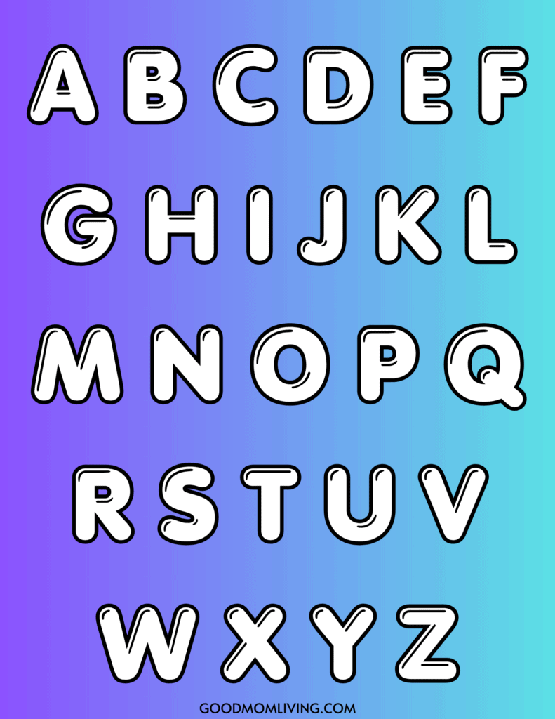 Bold, outlined uppercase letters A to Z displayed on a gradient background transitioning from purple to blue with "GOODMOMLIVING.COM" at the bottom.