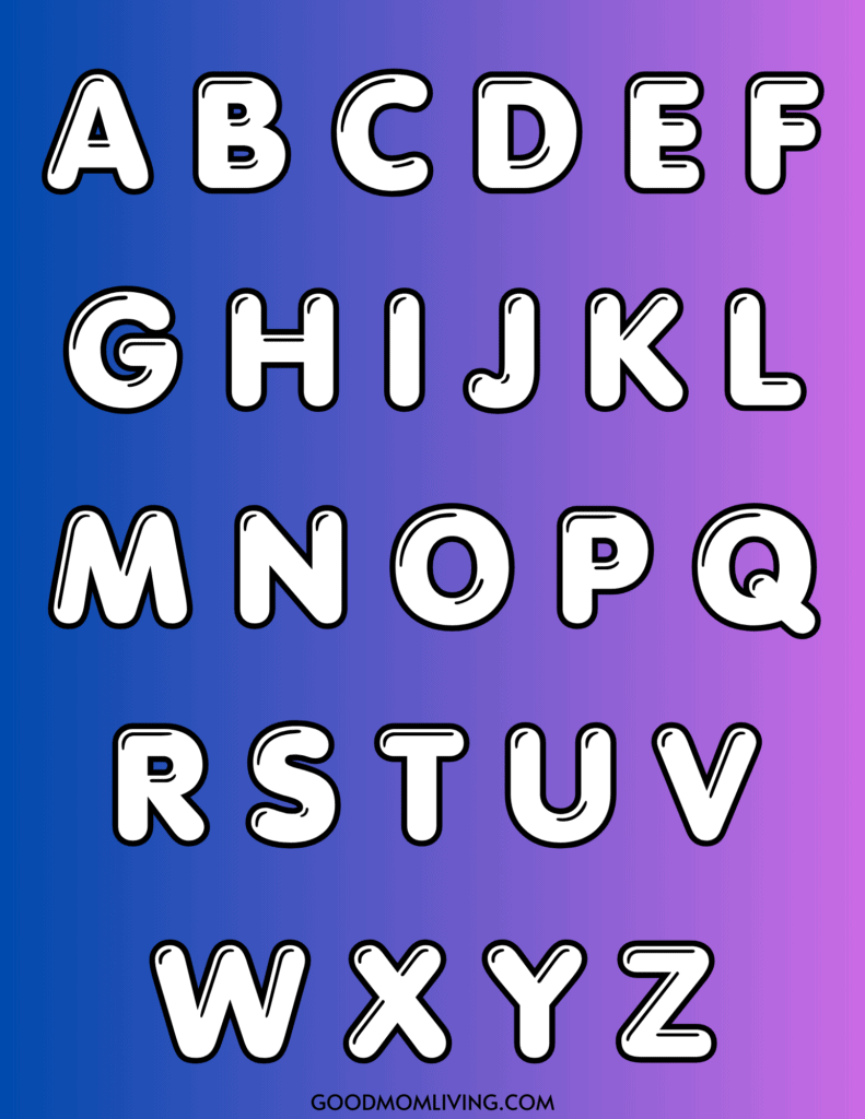 Alphabet letters A to Z in a bold, outlined font on a gradient background from blue to purple.
