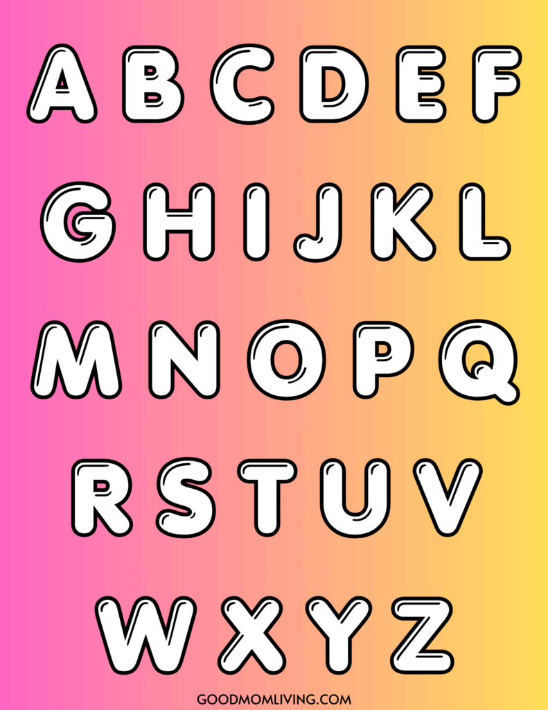 Bold, outlined uppercase alphabet letters from A to Z displayed against a pink to orange gradient background.