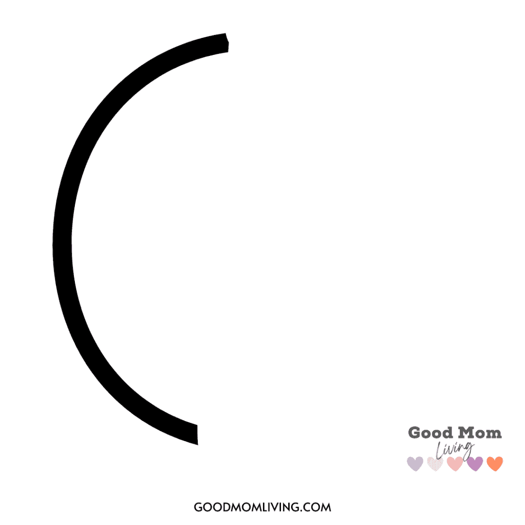 A bold black arc on the left side of the image with a white background. The words 'Good Mom Living' and a series of colorful hearts are in the lower right corner, along with the website URL 'GOODMOMLIVING.COM' at the bottom.