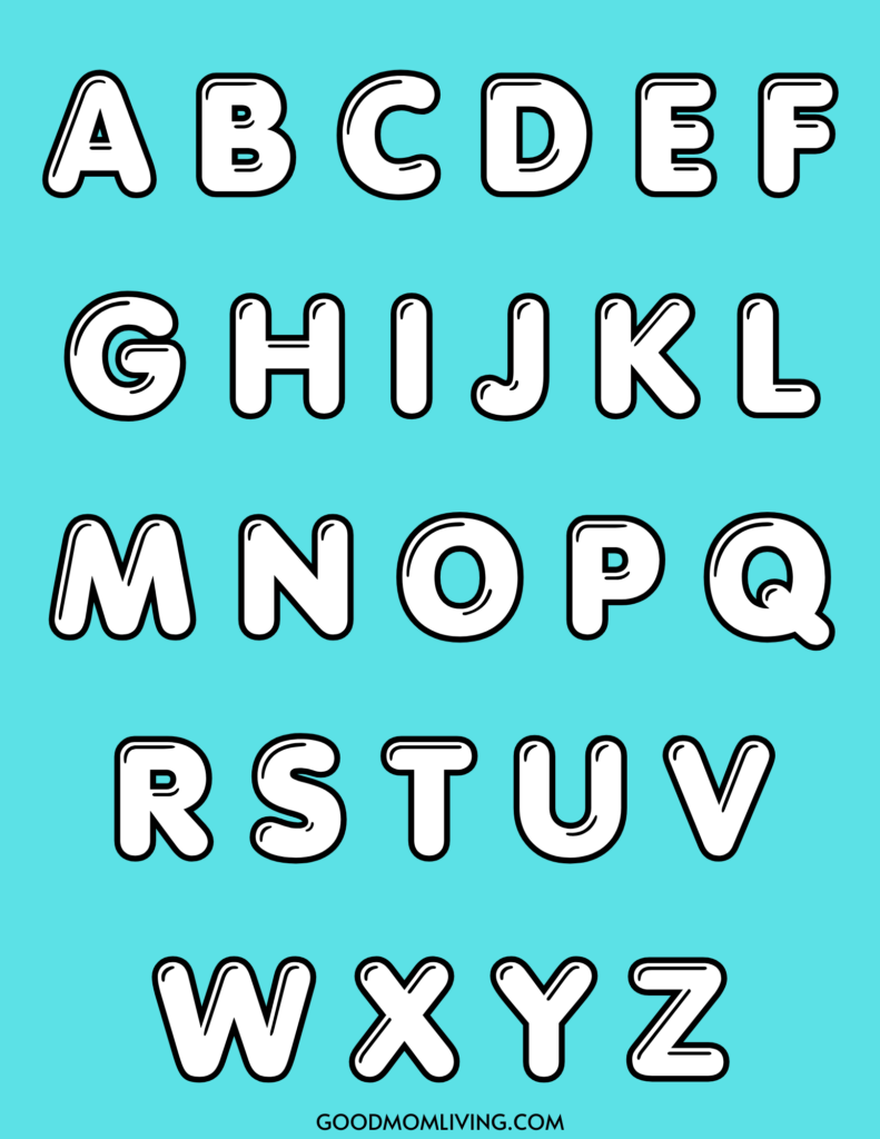 Bold white alphabet letters A to Z with black outlines on a turquoise background.