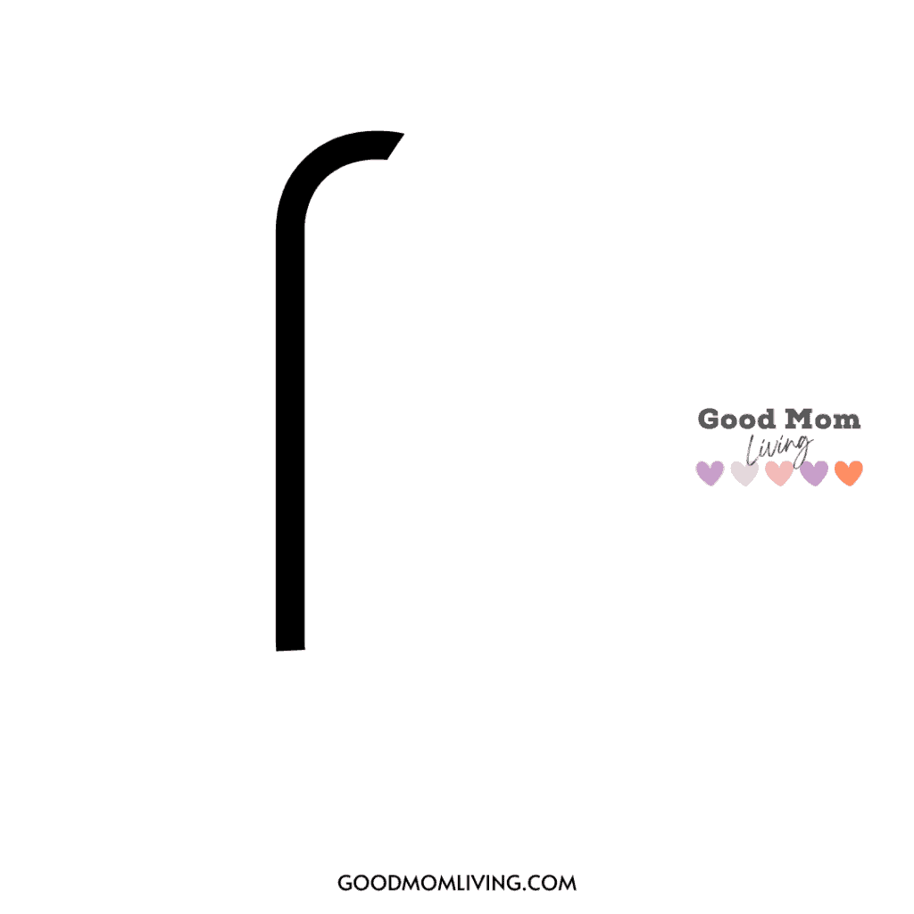 A minimalist icon with a black, curved line on the left, resembling a stylized letter P. On the right, the text "Good Mom Living" with small, colored heart symbols is displayed, along with the website URL "GOODMOMLIVING.COM" at the bottom.