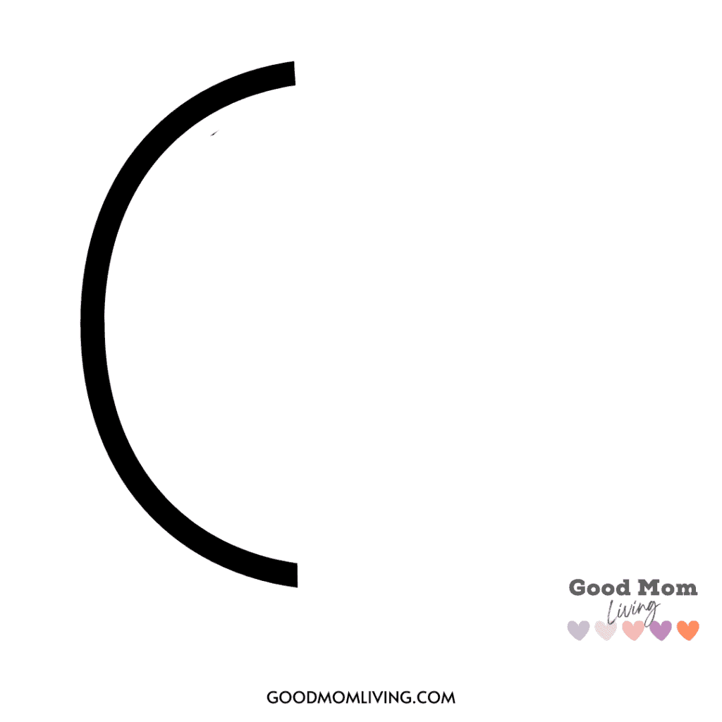 An abstract black arc on a white background with branding 'Good Mom Living' and five small colored hearts at the bottom right.