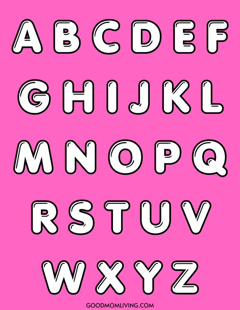 A complete uppercase English alphabet in a bold, playful font with black outlines and white fills on a bright pink background.