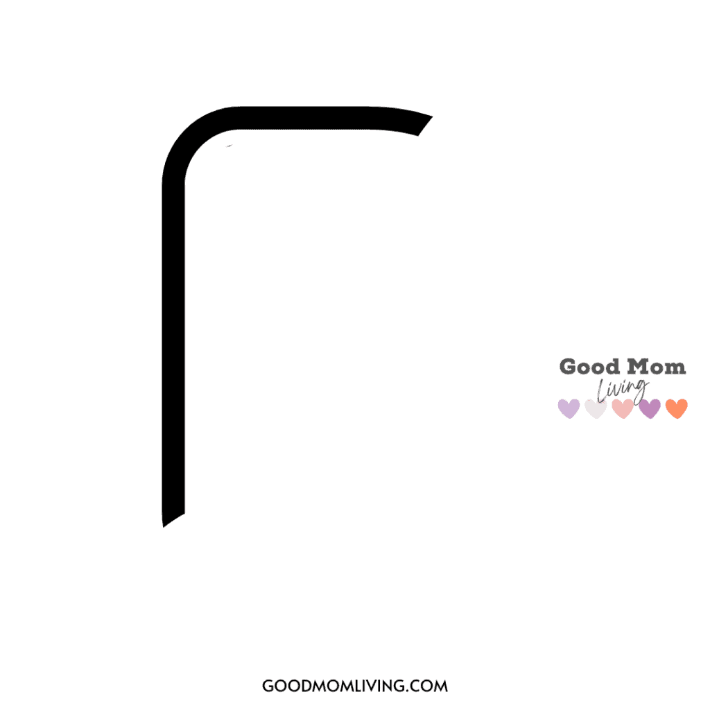 A minimalist black line with a rounded corner on a white background, accompanied by the text "Good Mom Living" and a row of colorful hearts.
