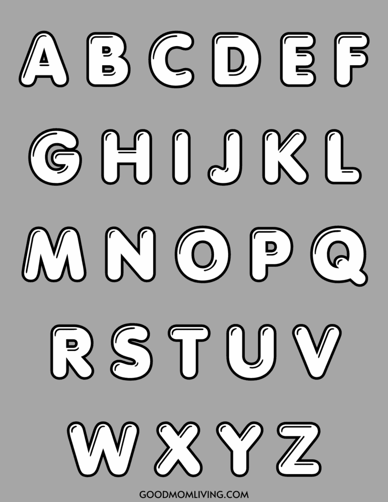 Alphabet letters A to Z in a bold, outlined font on a gray background.