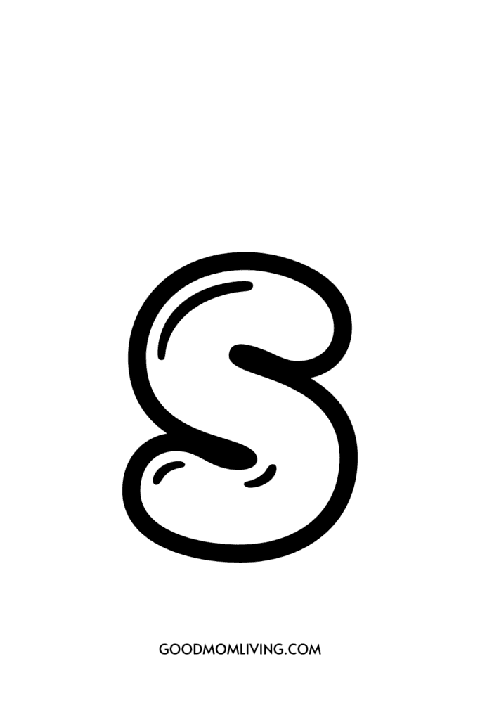 A black and white outlined letter 'S' in a bubble style with a small website URL "GOODMOMLIVING.COM" centered below it.