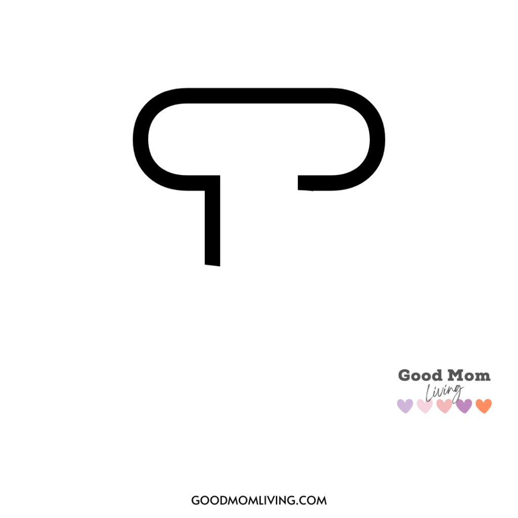 A stylized letter 'P' with a rounded top and straight vertical line, accompanied by the text 'Good Mom Living' with colorful hearts at the bottom right corner.
