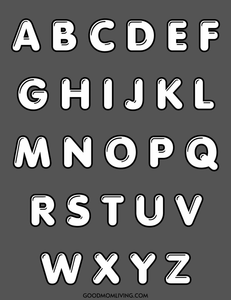 The image shows the English alphabet letters A to Z in a playful, bold, outlined font on a dark gray background.