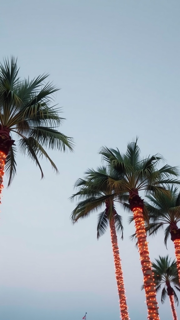Palm trees wrapped in string lights against a clear evening sky.