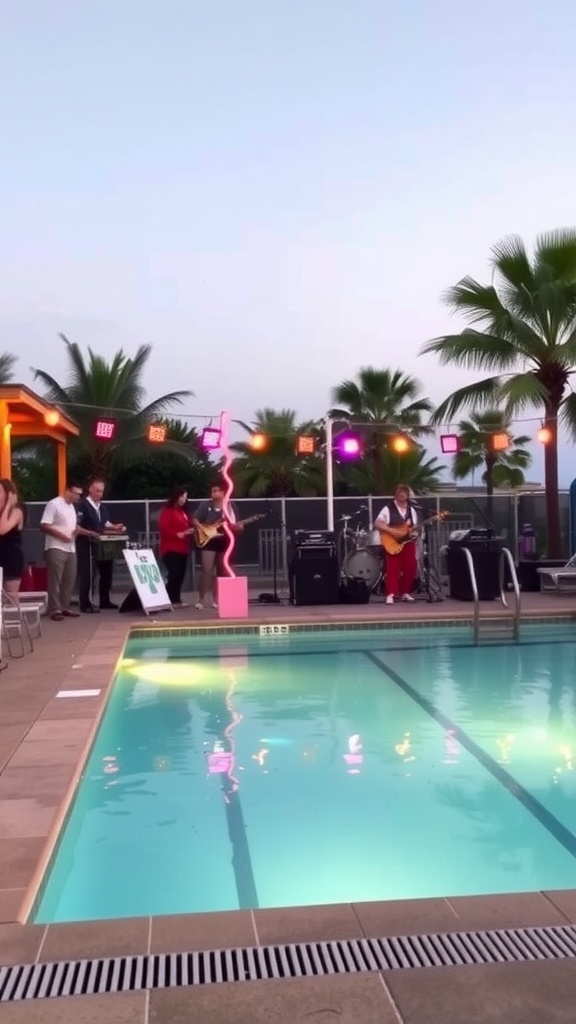A poolside live band performance with electric guitars, surrounded by colorful lights and palm trees in the evening.