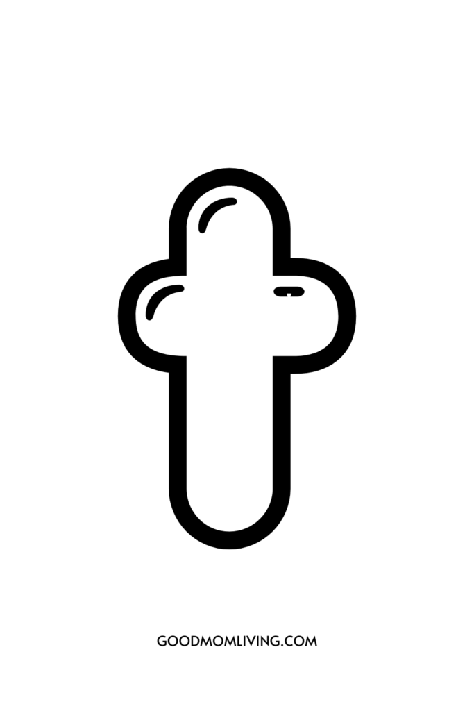 A cartoon-style black outline of a cross on a white background with the text "GOODMOMLIVING.COM" at the bottom.