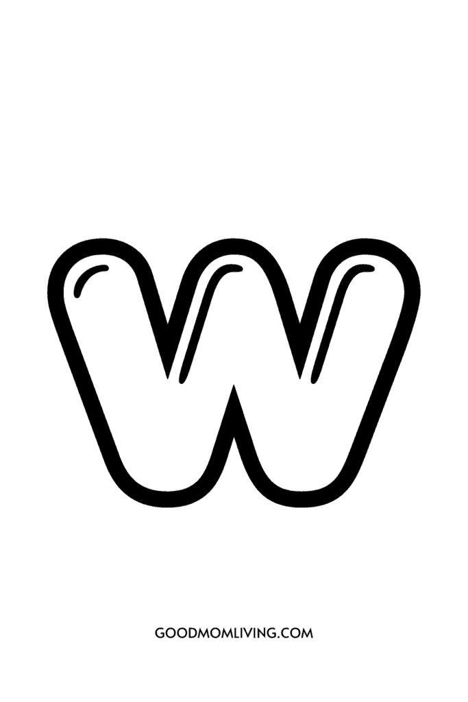 A black and white illustration of the letter W with bold outlines and rounded edges, and the text "GOODMOMLIVING.COM" below it.