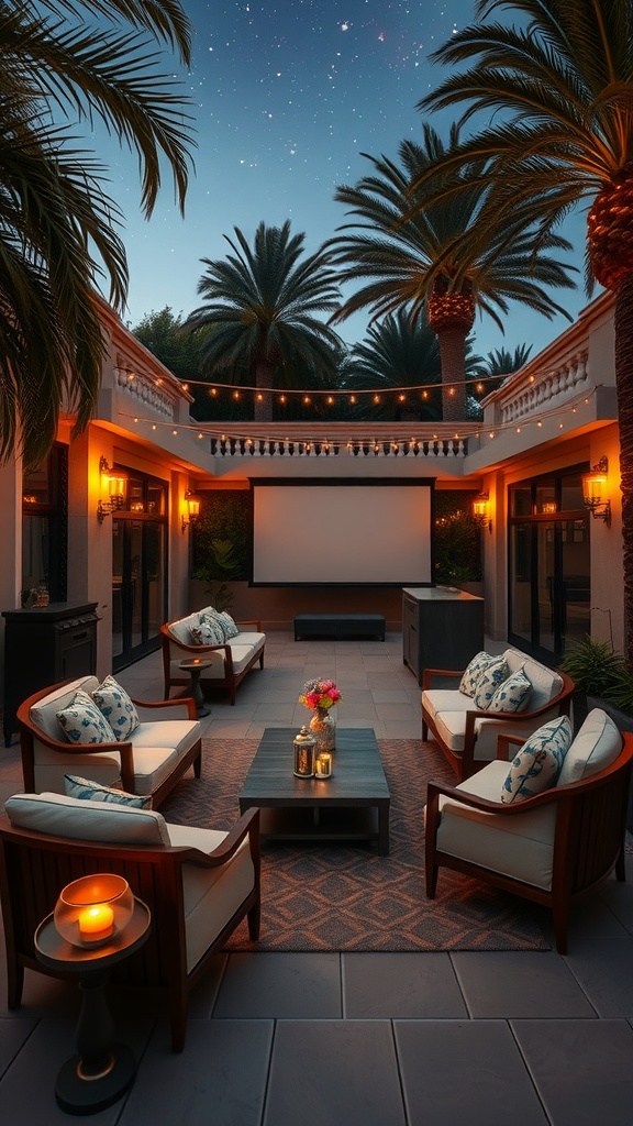 A cozy outdoor patio with comfortable seating arranged around a central coffee table adorned with candles and flowers, under a starry night sky with palm trees and string lights adding ambiance.