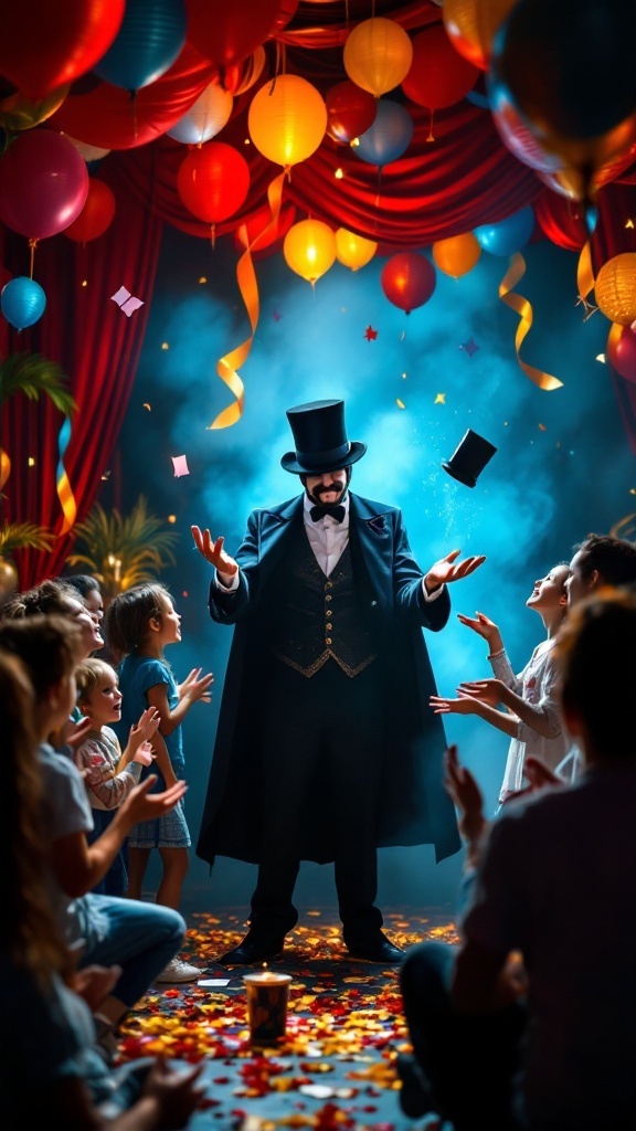 A magician performing tricks for children at a lively birthday party.
