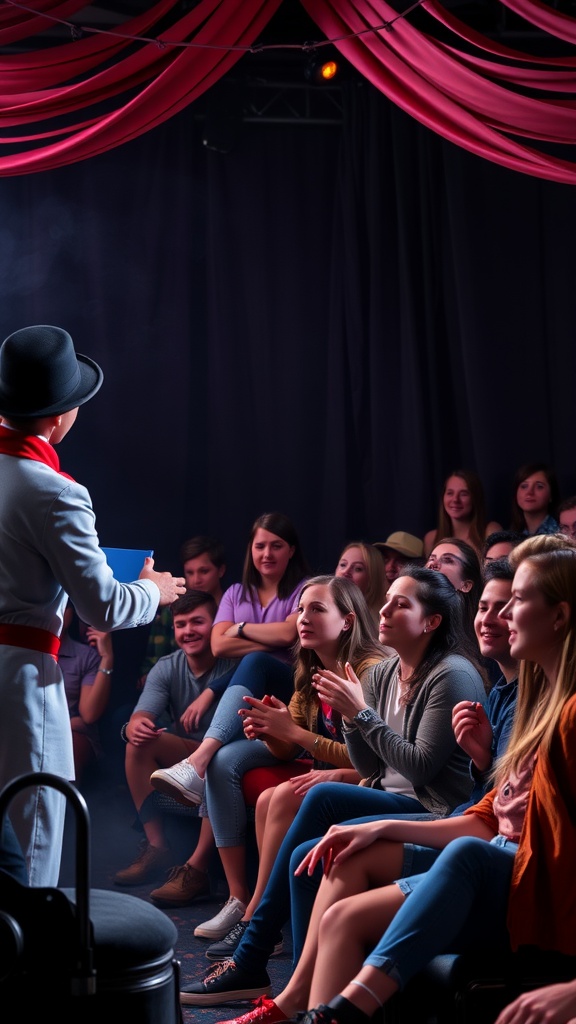 Teenagers watching a magic show with excitement.