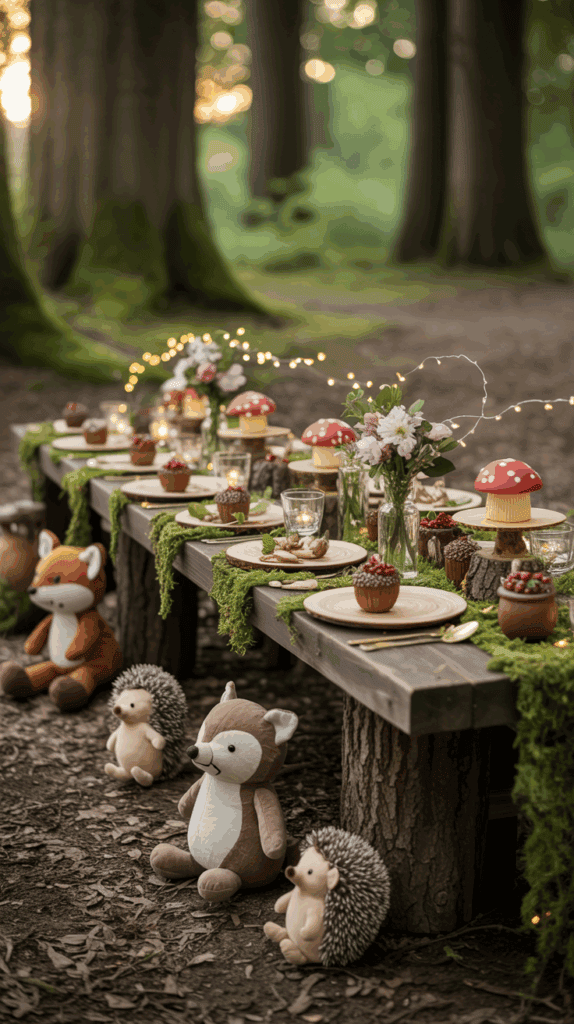 A whimsical outdoor picnic setup in a forest with a long wooden table decorated with moss, acorns, and red toadstool ornaments. The table is surrounded by plush toys of woodland creatures, such as foxes and hedgehogs. Fairy lights and flowers enhance the enchanting atmosphere.