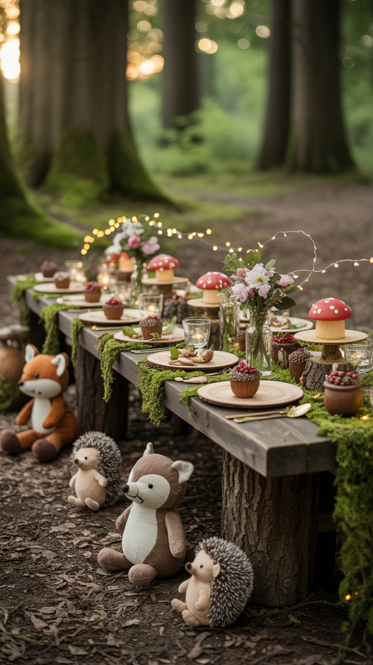 A whimsical outdoor picnic setup in a forest with a long wooden table decorated with moss, acorns, and red toadstool ornaments. The table is surrounded by plush toys of woodland creatures, such as foxes and hedgehogs. Fairy lights and flowers enhance the enchanting atmosphere.