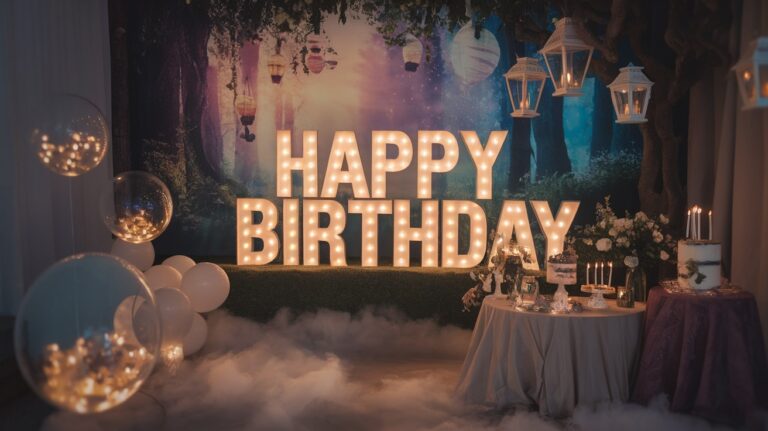 Illuminated "Happy Birthday" sign surrounded by lanterns, balloons, and a decorated cake table in a dreamy, festive setting.