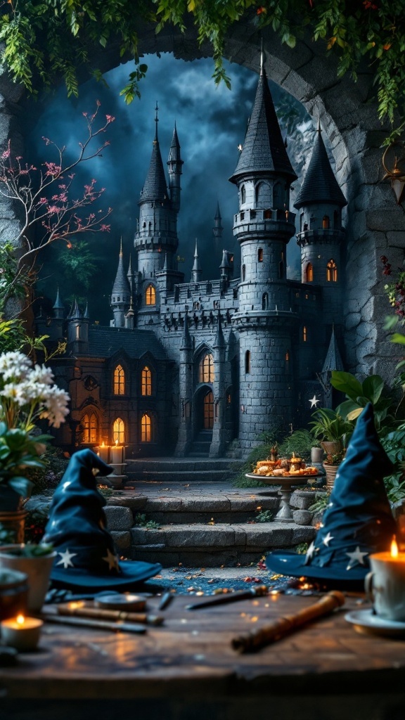 A beautiful castle and wizard-themed birthday party setup.