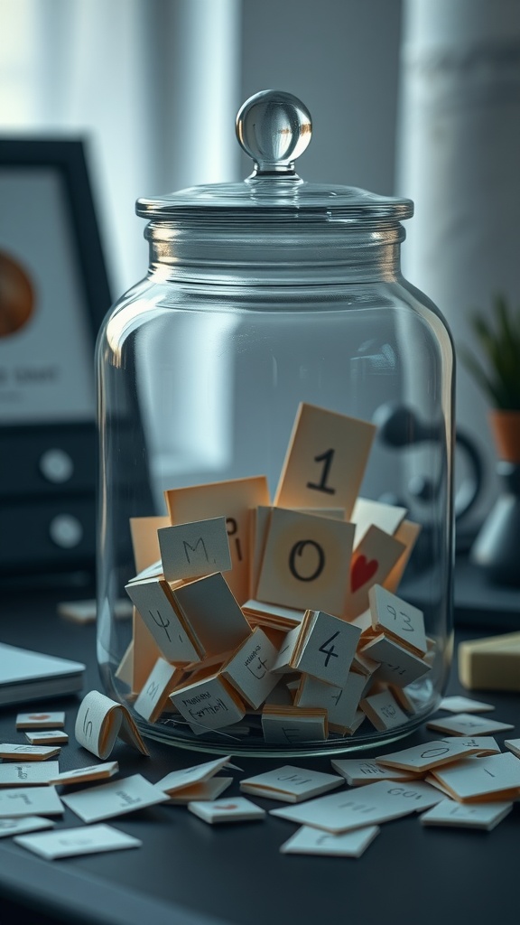 A glass jar filled with small notes on a table.