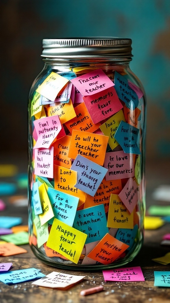 A jar filled with colorful sticky notes containing messages and memories from students.