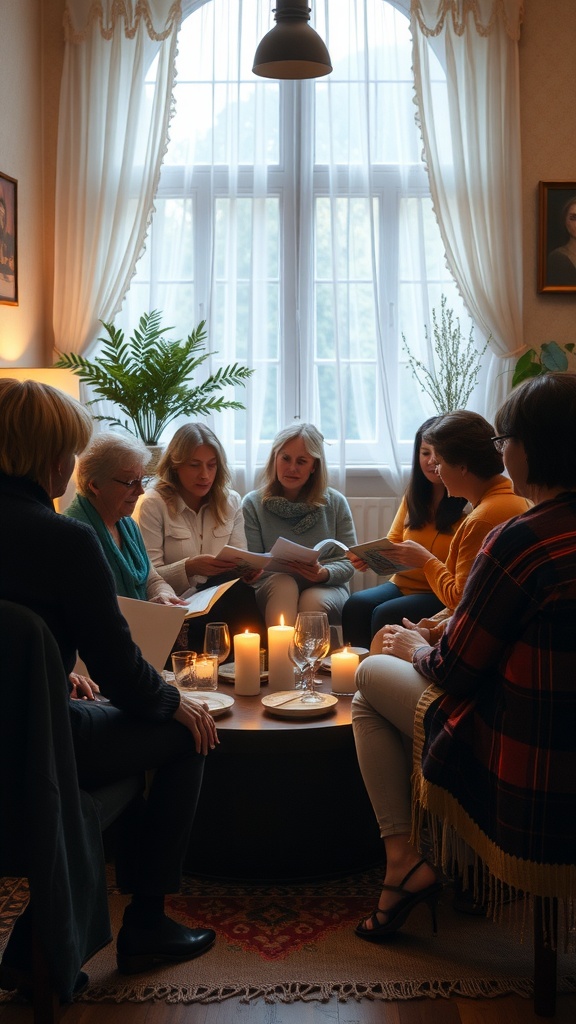 A group of seven people sitting in a circle in a cozy, warmly lit room, engaged in reading from books around a small table with lit candles.
