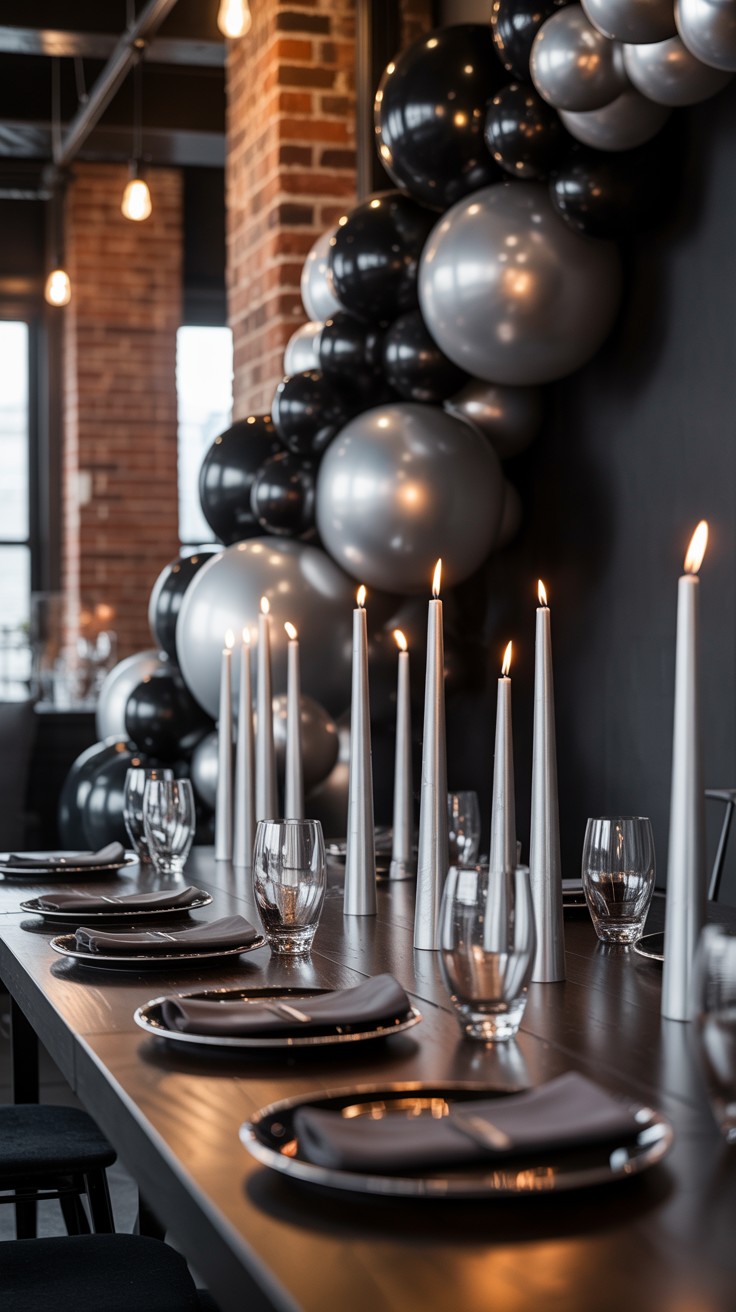 A modern dining setup with a long table adorned with tall white candles, black plates, and napkins. Glasses are placed evenly alongside the plates. A decorative arrangement of black and silver balloons is seen in the background, with exposed brick walls and hanging lights framing the scene.