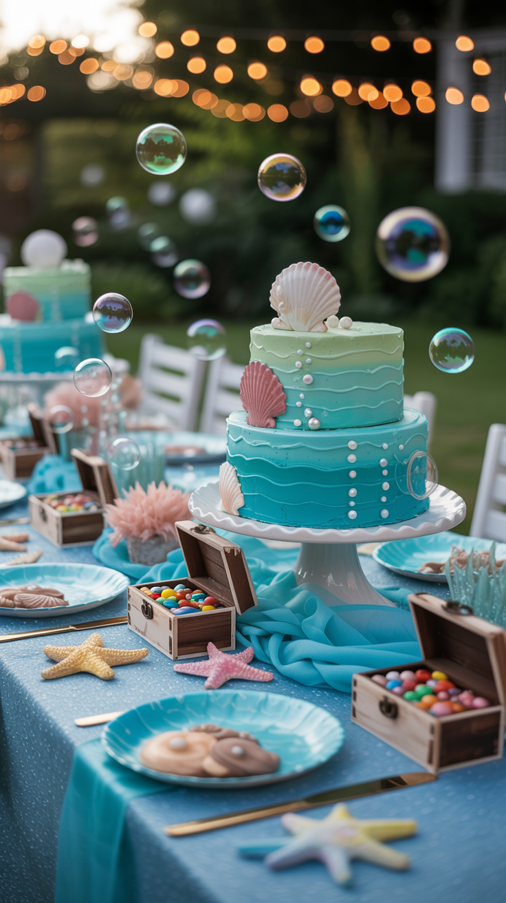 A beach-themed outdoor party table featuring a layered cake decorated with seashells and pearls, surrounded by decorative bubbles, treasure chest containers filled with candies, and starfish accents, set on a blue tablecloth under string lights.