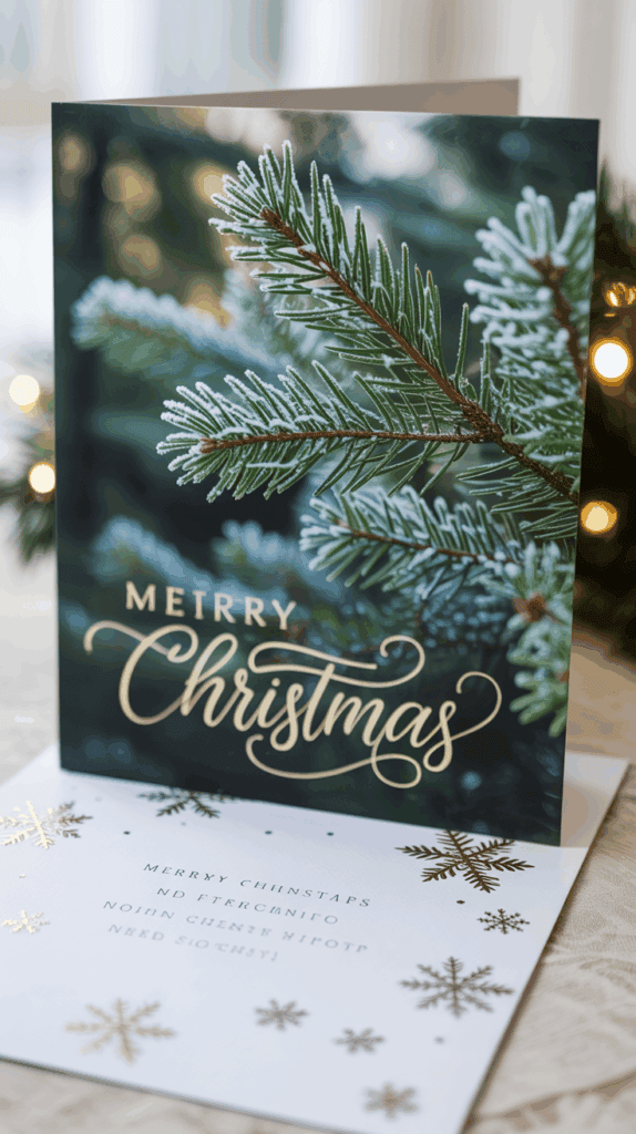 A Christmas card featuring a close-up image of snow-dusted pine branches, with the words "Merry Christmas" misspelled as "Metrry Christmas" in elegant script. Inside, the card contains additional seasonal greetings with intentionally scrambled letters, surrounded by gold snowflake decorations.