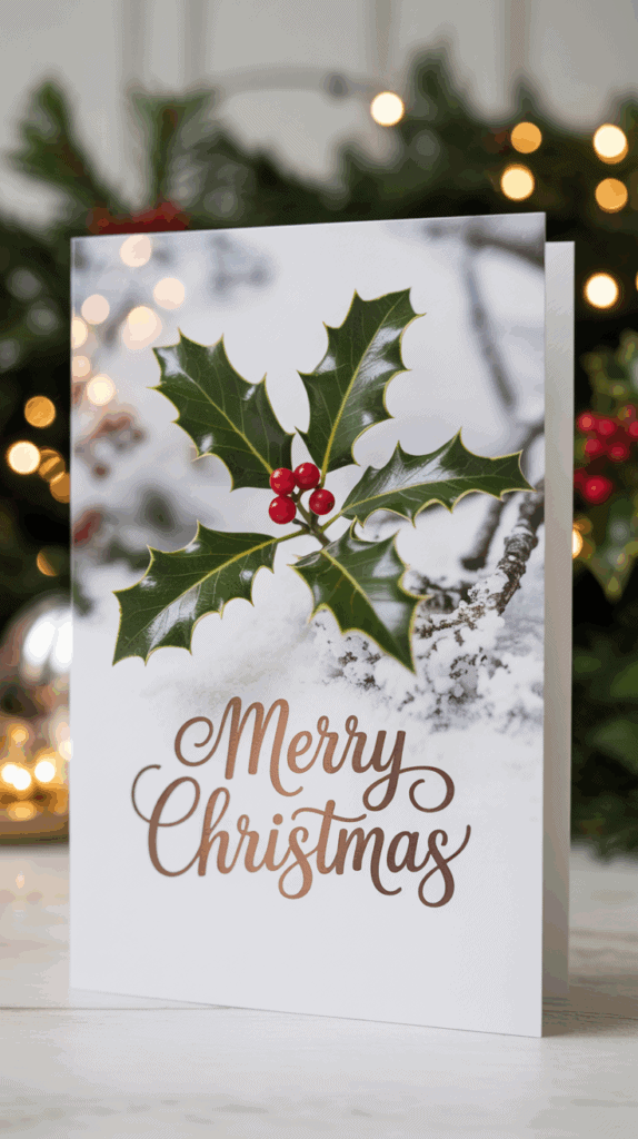 A Christmas card adorned with a sprig of holly and red berries in the snow, with the words 'Merry Christmas' in elegant script on the front, set against a blurred background of warm holiday lights.
