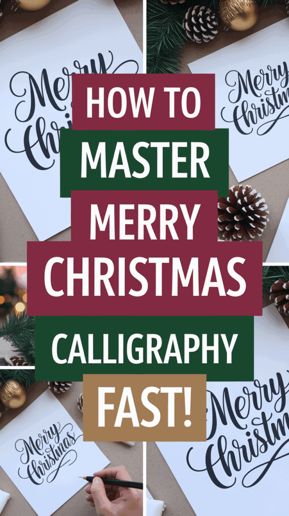 Collage of images showing 'Merry Christmas' written in calligraphy, surrounded by holiday decorations and tools, with text overlay saying "HOW TO MASTER MERRY CHRISTMAS CALLIGRAPHY FAST!" in bold letters.