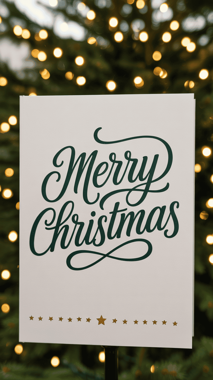 A white card with "Merry Christmas" written in elegant green script, set against a blurred background of a Christmas tree with glowing lights.