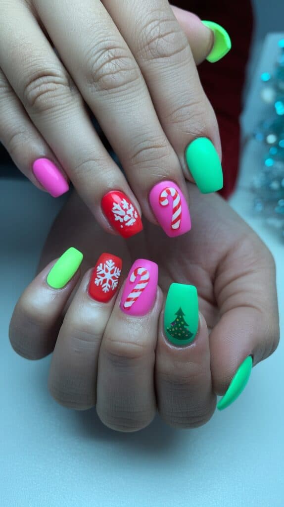 Close-up of hands with colorful Christmas-themed nail art, featuring green, pink, and red nails adorned with designs of candy canes, snowflakes, and a Christmas tree.