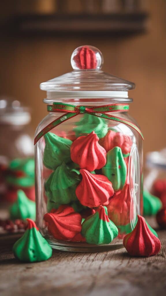 A glass jar filled with red and green meringue kisses, decorated with a festive ribbon, placed on a wooden surface.