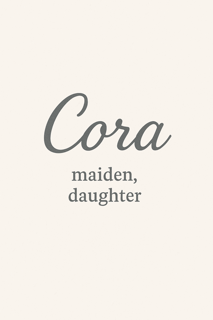 The text "Cora" in a cursive font followed by "maiden, daughter" in a block font on a plain background.